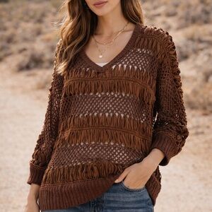 Chocolate Brown Open Knit Crochet Fringe Sweater 70s Boho Textured Top INC L